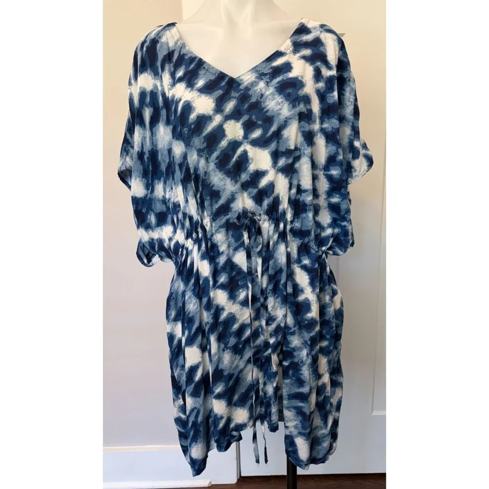 LANDS END Womens Swim COVER-UP Short Sleeve BLUE White Drawstring Size L 14-16